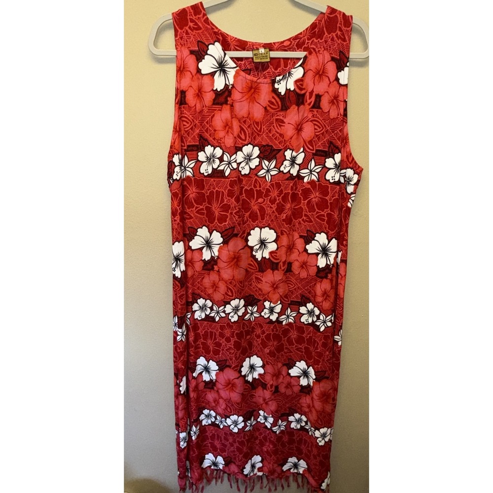 VTG In Gear Maxi Dress Floral Tropical Resort Large Tassels Red Black White